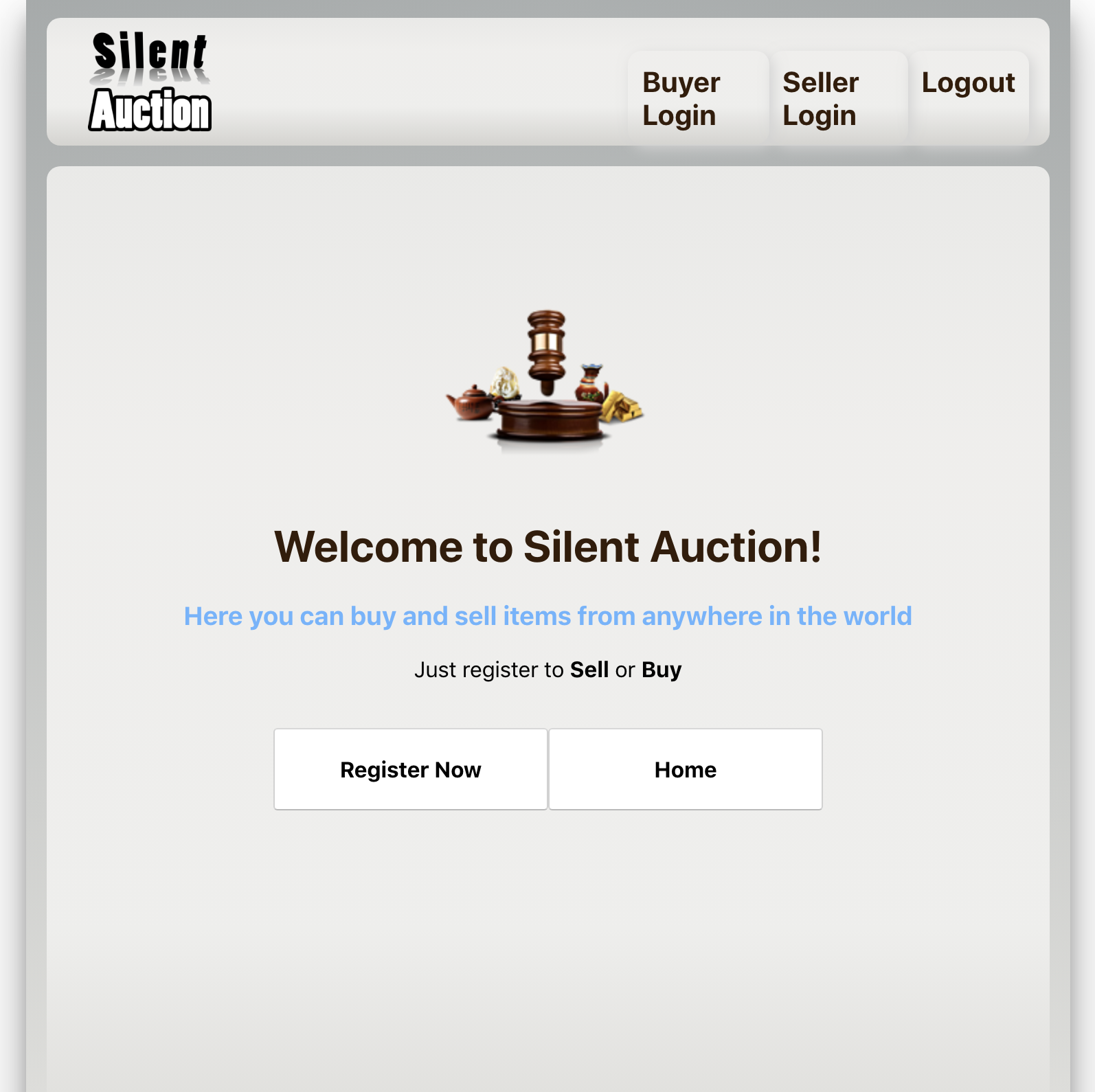 Landing page of a silent auction website